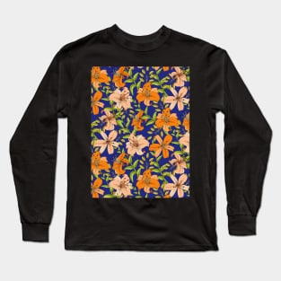 Lily Flower Pattern On Blue Long Sleeve T-Shirt